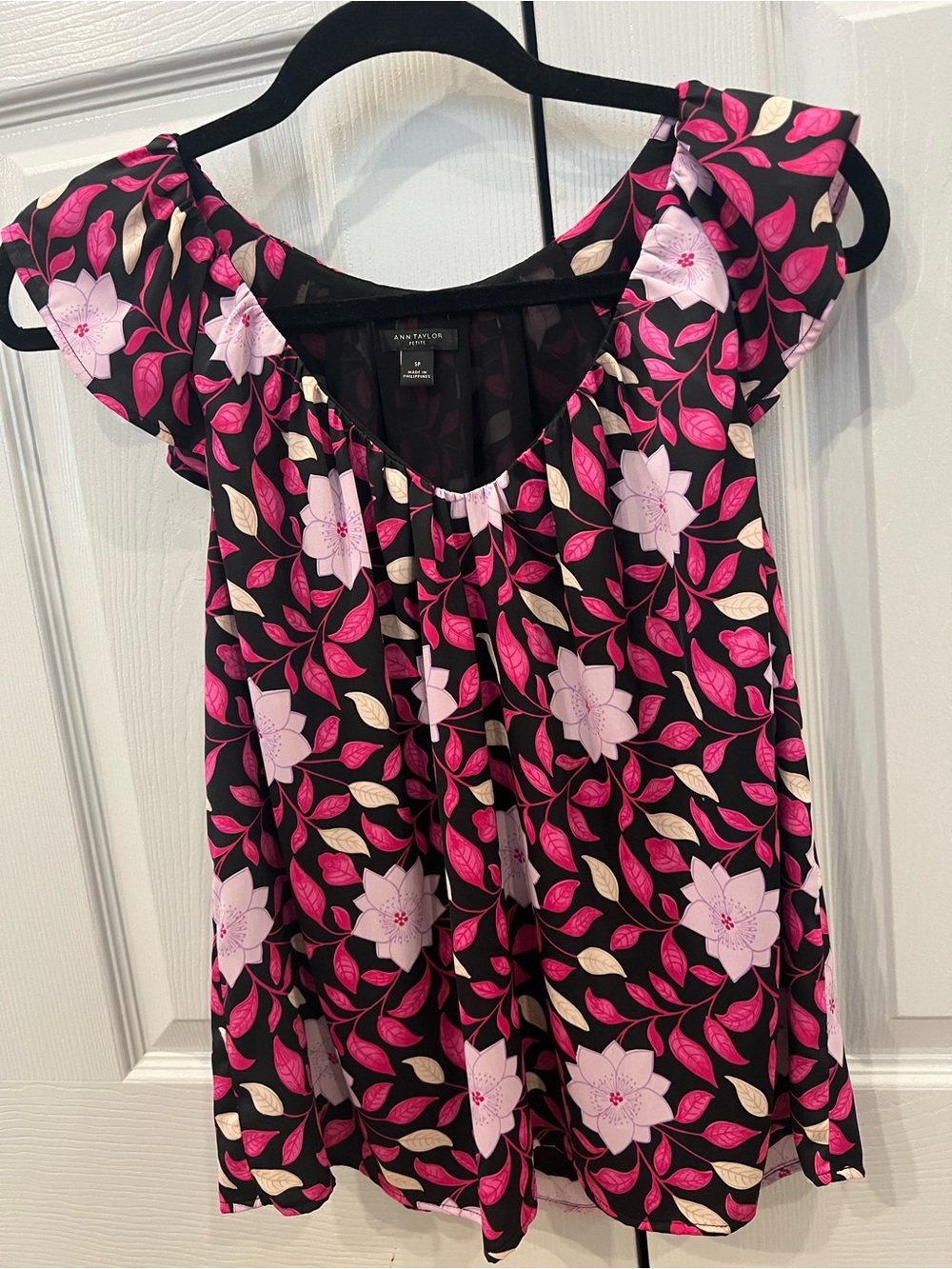 Ann Taylor Petite Black Floral Flutter Sleeve Blouse with Pink & Cream Accents